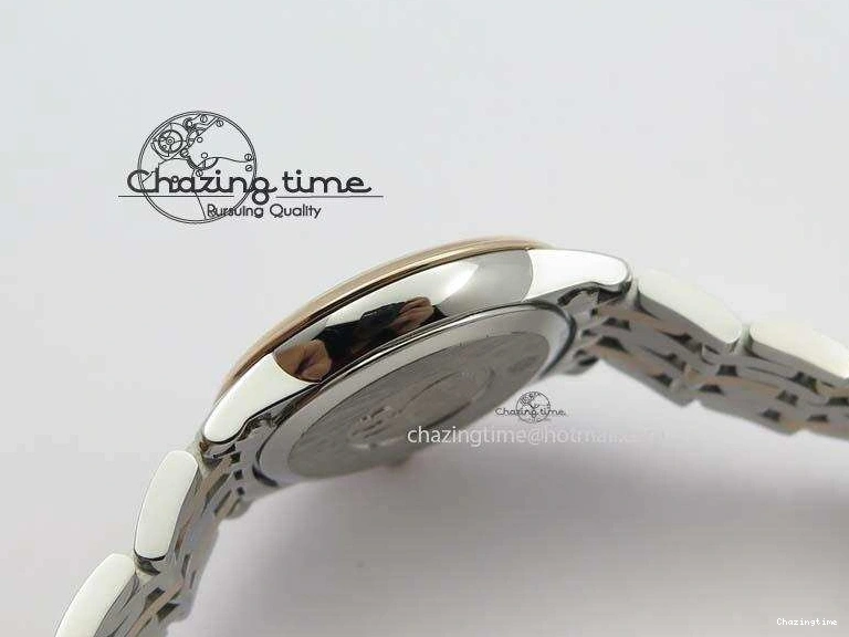 0426 De Ville 27mm SS RG Ladies MK 1:1 Best Edition White MOP Dial Diamond Markers On SS Bracelet Ronda Quartz Chic 8198